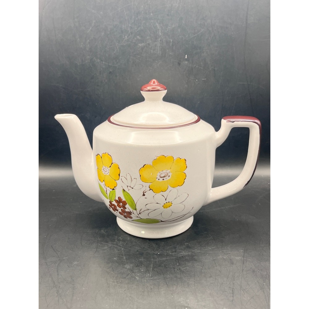 Vtg JMP Casualstone Japan Stoneware Teapot‎ Decorated Floral Daisy Retro 1970s